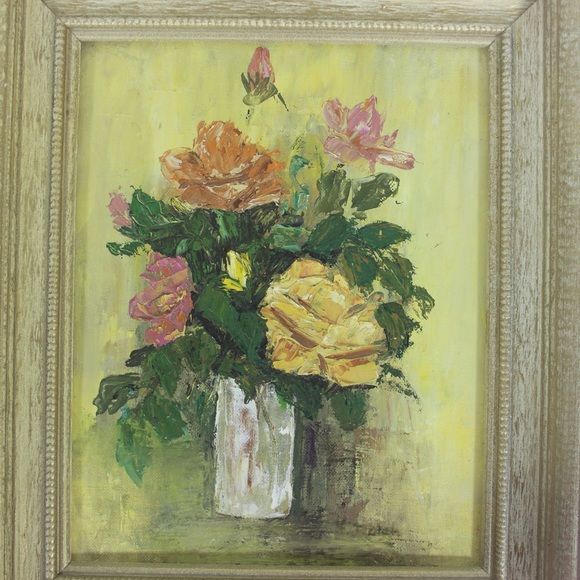 Vintage Original Still Life Oil Painting, Abstract Floral, Yellow, Pink Orange - Picture 2 of 10